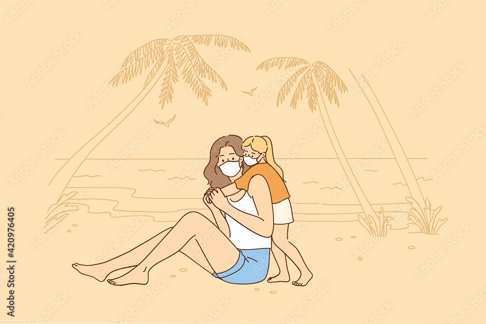Traveling, family vacation, tourism during coronavirus pandemic. Mother and child in face masks sitting and having fun on seaside beach together at COVID 19 vector illustration 