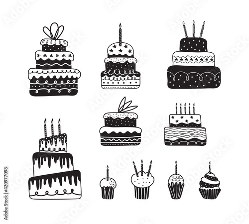 Holiday cream cake with candles vector set, muffins, cupcakes in art line drawing. Set of holiday sweets in black one line. Doodle icons for birthday, New year, Christmas, wedding in minimalism design