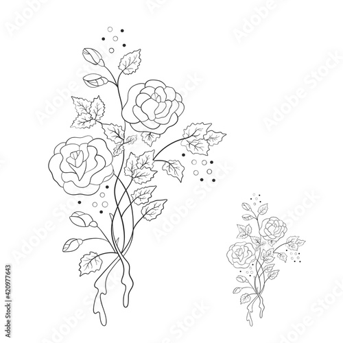 Beautiful summer line pattern of flowers. Decoration from roses on a white background. Fashion in a vector illustration