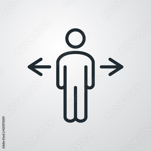 Símbolo decisión. Icono plano lineal hombre con flechas con lineas en fondo gris