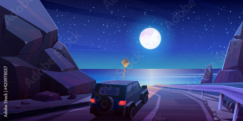 Night road trip by car, travel on jeep at highway