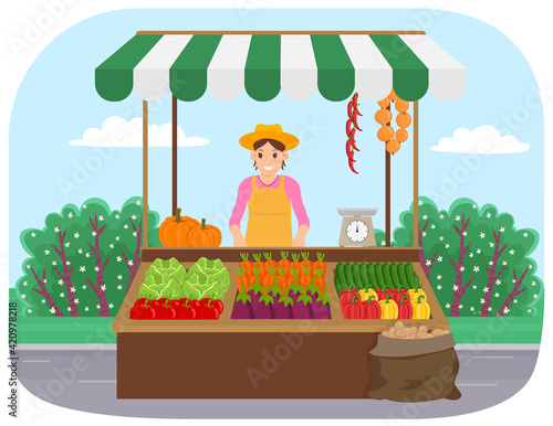 Outdoor farm products store. Woman sells natural vegetables grown in garden. Selling food in bazaar