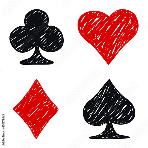 Card suits logo icon sign Hand drawn ink sketch Set of shape diamonds clovers hearts spade Painted shape template Vintage design style Fashion print clothes apparel greeting invitation card cover ad