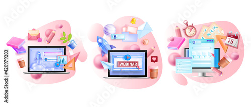 Online vector training illustration set, remote education isolated concepts, laptop screen, book. Digital school, university courses collection, internet exam, webinar. Online education 3D app design