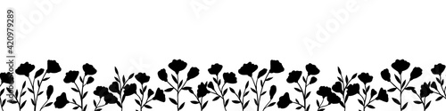 Seamless vector horizontal ornament of field herbs and plants. Black silhouettes of medicinal flowers are drawn in ink by hand. Design on a white background for cosmetics, poster, banner, template.
