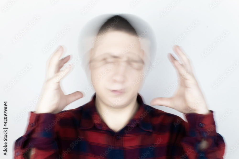 Man loses consciousness and falls down due to dizziness and disturbance of the vestibular apparatus. Severe headache and migraine. Concept of helping people suffering from migraines and dizziness Man loses consciousness and falls down due to dizziness and disturbance of the vestibular apparatus. Severe headache and migraine. Concept of helping people suffering from migraines and dizziness