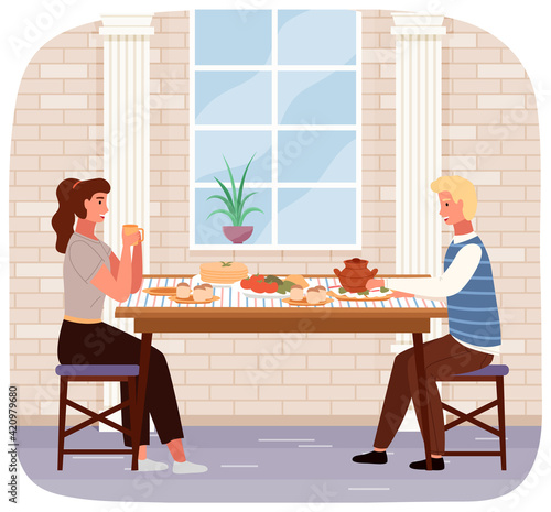 Man and woman have dinner with borscht with donuts. Characters taste Ukrainian cuisine dishes