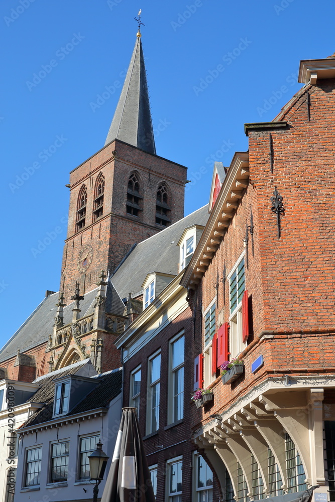 Historic house facades and Sint Joriskerk (St George's church) in Amersfoort, Utrecht, Netherlands