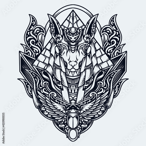 tattoo and t-shirt design black and white hand drawn illustration anubis engraving ornament