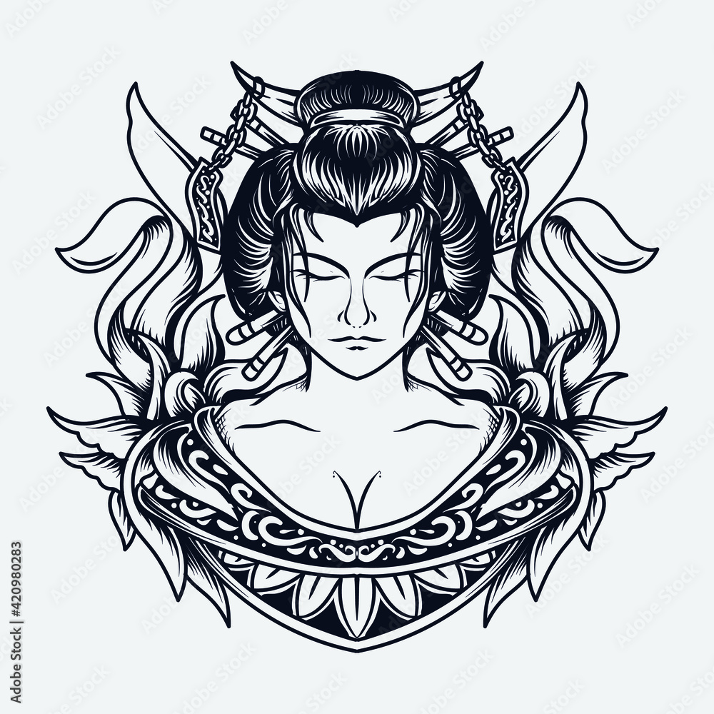 tattoo and t-shirt design black and white hand drawn illustration geisha engraving ornament