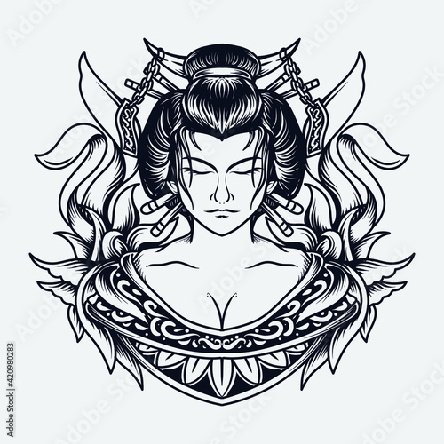 tattoo and t-shirt design black and white hand drawn illustration geisha engraving ornament © astro