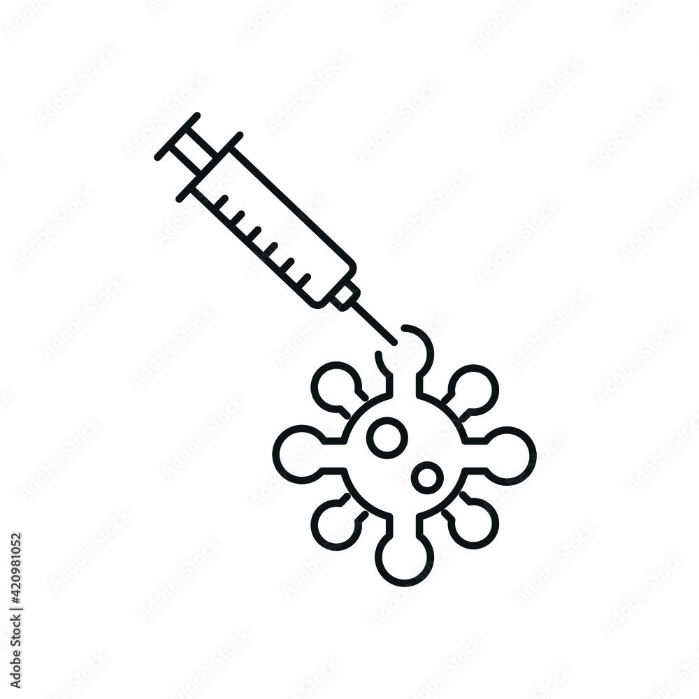 Coronavirus vaccination linear icon with syringe and bacteria. Medicine and health care concept. Thin line customizable illustration. Vector isolated outline drawing. Editable stroke Coronavirus vaccination linear icon with syringe and bacteria. Medicine and health care concept. Thin line customizable illustration. Vector isolated outline drawing. Editable stroke