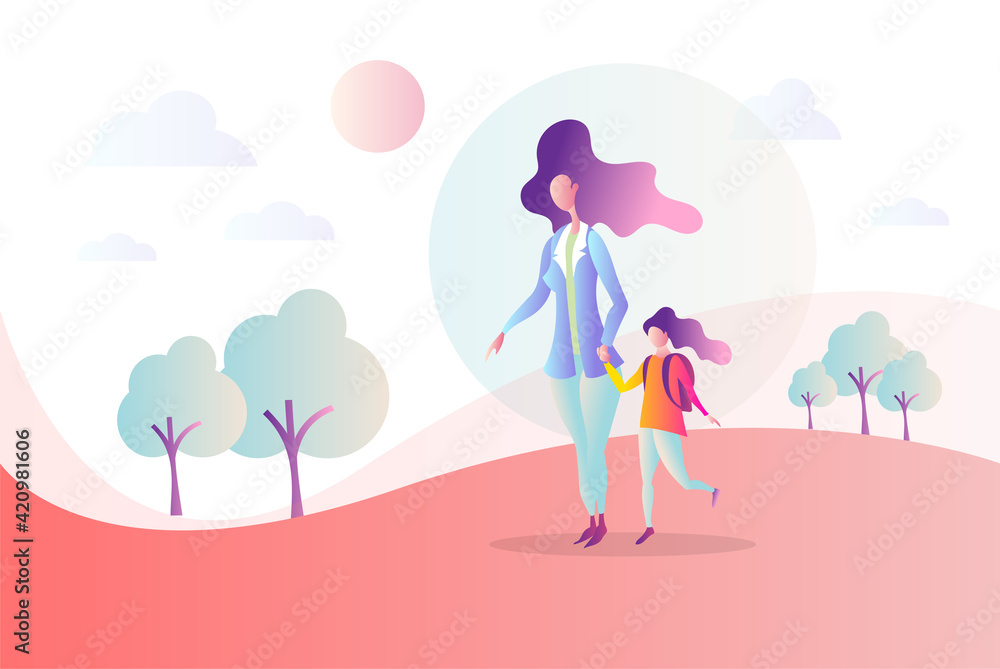 Mom with Little School Girl Vector. Mother and Daughter first day of School Illustration