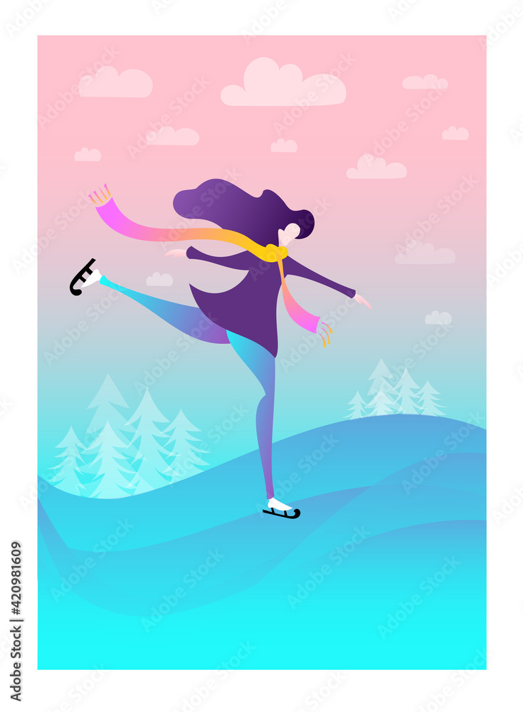 Colorful Young Girl Skating In Winter Park. Woman character skating in the Park Flyer Banner Colorful Young Girl Skating In Winter Park. Woman character skating in the Park Flyer Banner