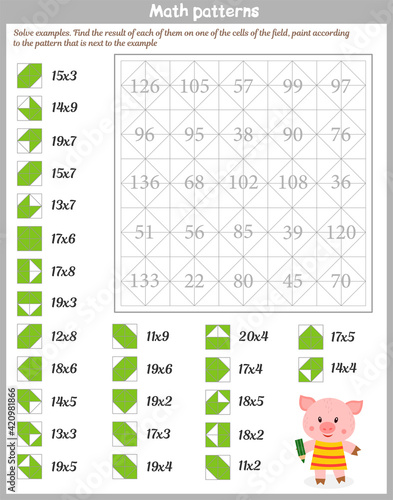  Mathematical patterns. Worksheet. Solve examples. Find the result of each of them on one of the cells of the field, paint according to the pattern that is next to the example