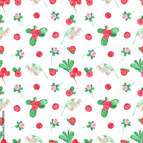 Wallpaper Mural Seamless pattern cranberry watercolor. Red berry background. Wild berry, lingonberry illustration. Cranberries, wild flowers, green leaves, branches. For design business card, label Torontodigital.ca