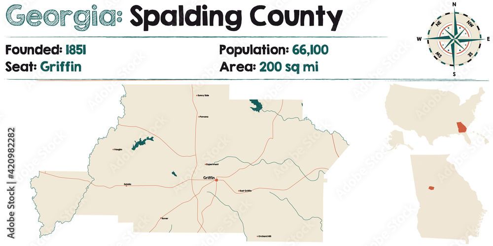 Large and detailed map of Spalding county in USA. Stock Vector
