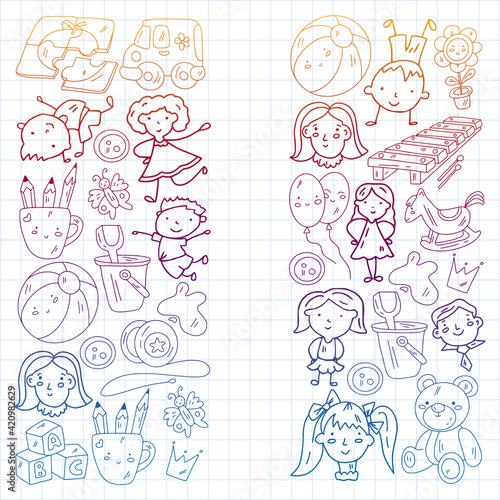 Kindergarten and toys. Little children game. Kids playground. Education, creativity, imagination.