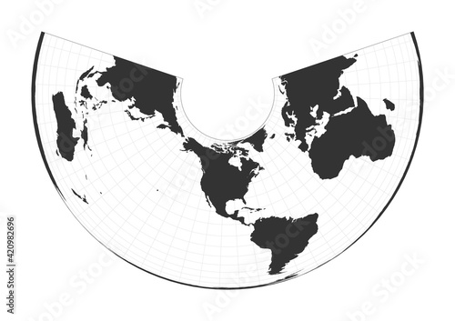 Map of the World. Albers equal-area conic projection. Globe with latitude and longitude net. World map on meridians and parallels background. Vector illustration.