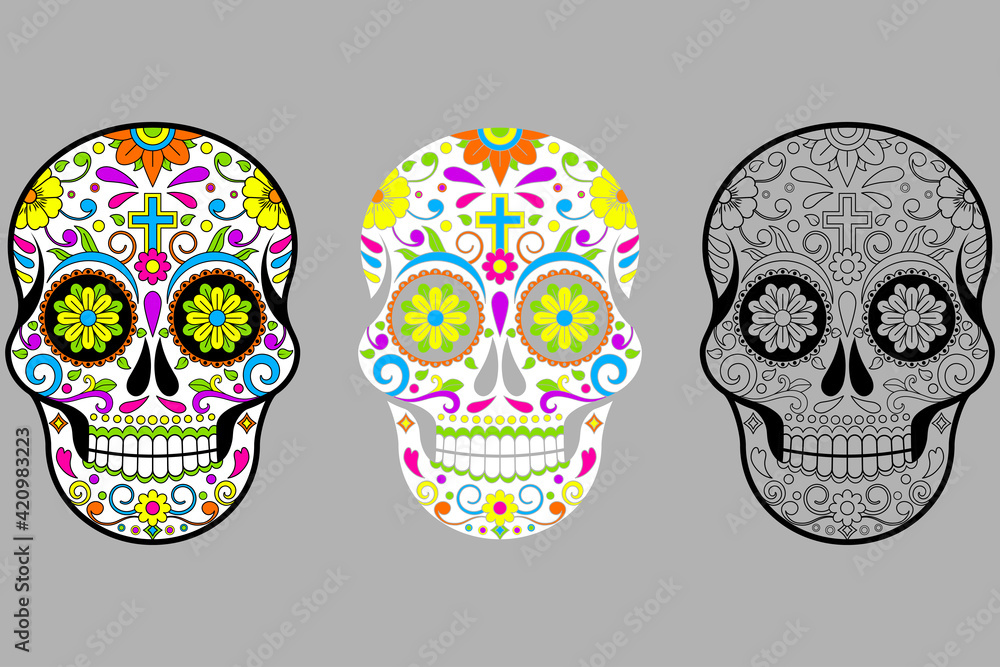 Mexican Sugar skulls, Day of the dead vector illustration on grey background 