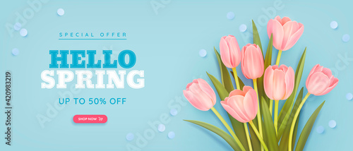 Spring special offer vector banner background with spring season sale text and tulip flowes. Can be used for web banners, wallpaper, flyers, voucher discount. Vector illustration