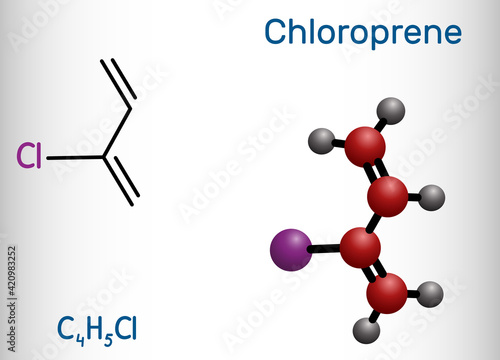 Chloroprene molecule. It is chloroolefin, used as monomer for polymer polychloroprene, a type of synthetic rubber, neoprene. Structural chemical formula and molecule mode