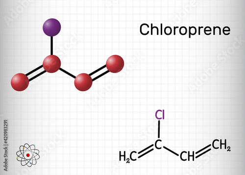 Chloroprene molecule. It is chloroolefin, used as monomer for polymer polychloroprene, a type of synthetic rubber, neoprene. Structural chemical formula and molecule model