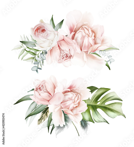 Set of floral compositions with roses, peonies and monstera leaves