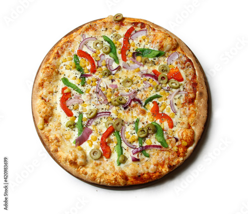 Pizza with ham, rucola, and vegetables on white background