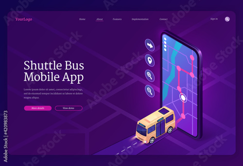 Shuttle bus mobile app isometric landing page