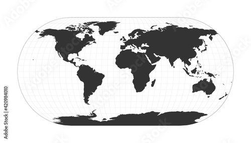 Map of the World. Eckert III projection. Globe with latitude and longitude net. World map on meridians and parallels background. Vector illustration.