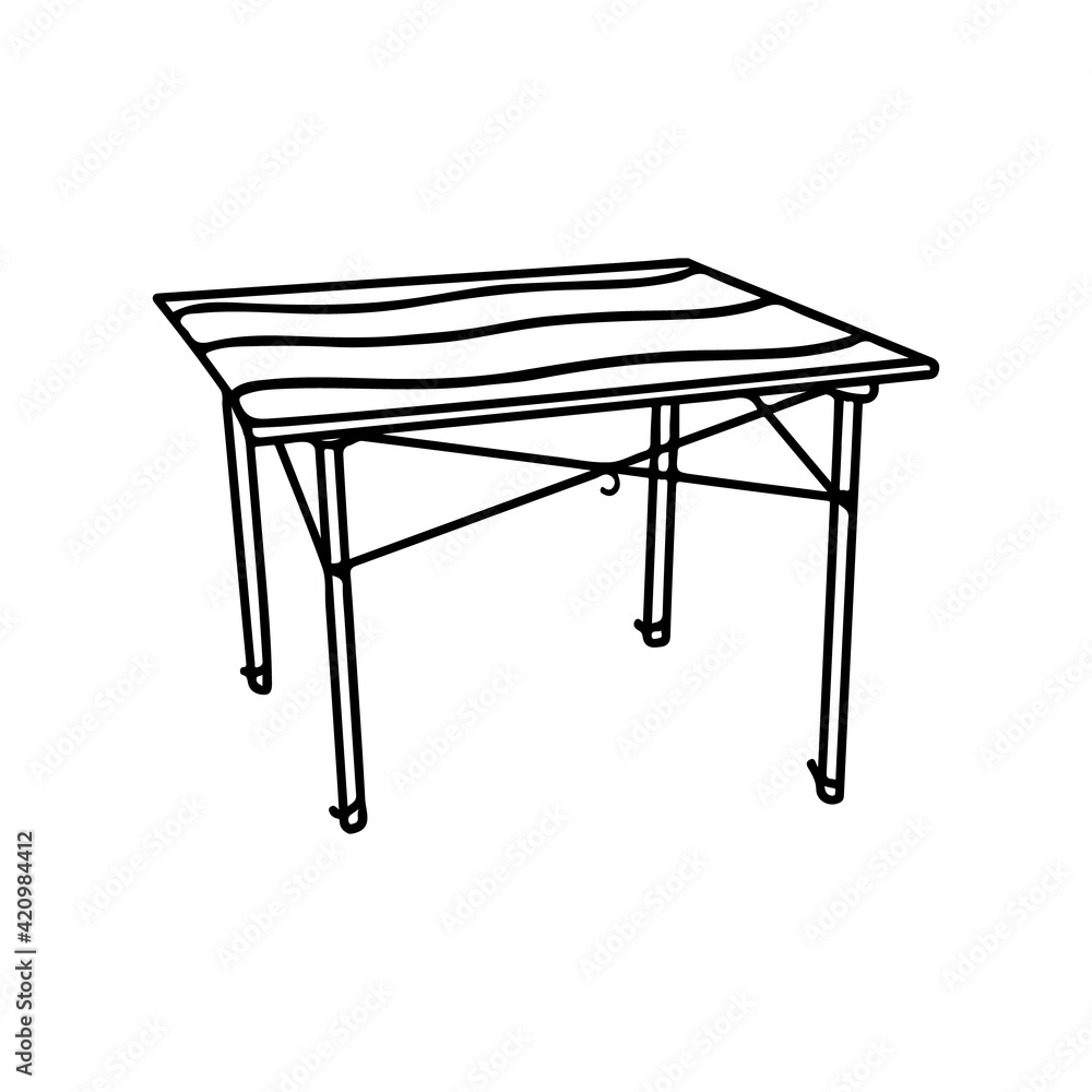 Folding table camping furniture outline vector. Travel portable table for outdoor, fishing, hiking doodle. Collapsible table, picnic time illustration.