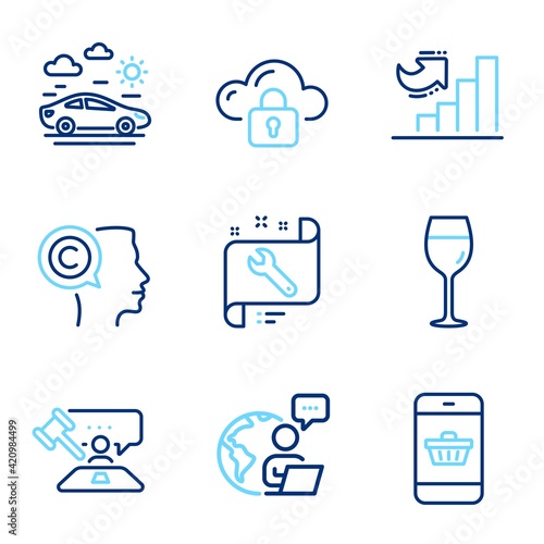 Business icons set. Included icon as Cloud protection, Wine glass, Car travel signs. Vector