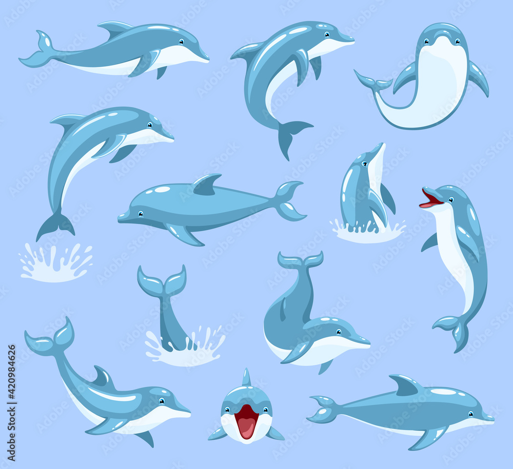 Fototapeta premium Cartoon Characters Funny Dolphin Set. Dolphinfish illustration sealife set of blue fish in dolphinarium isolated