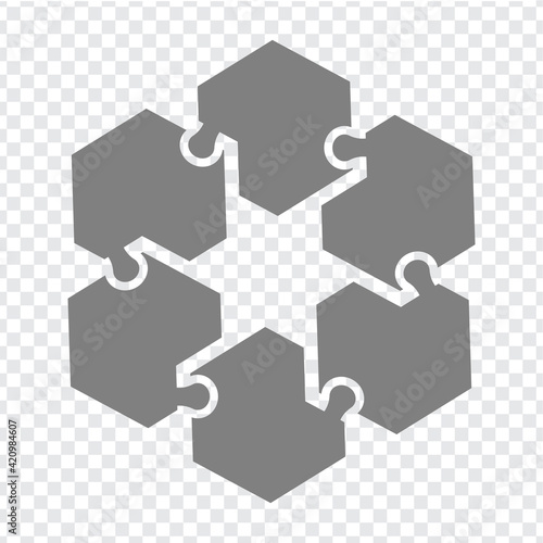 Simple icon hexagons puzzle in gray. Simple icon puzzle of the six elements on transparent background for your web site design, logo, app, UI. EPS10.