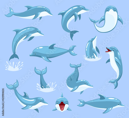 Cartoon Characters Funny Dolphin Set. Dolphinfish illustration sealife set of blue fish in dolphinarium isolated