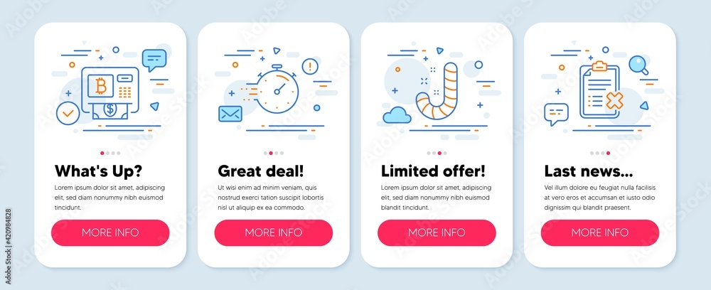 Set of Business icons, such as Timer, Candy, Bitcoin atm symbols. Reject checklist line icons. Vector Set of Business icons, such as Timer, Candy, Bitcoin atm symbols. Reject checklist line icons. Vector