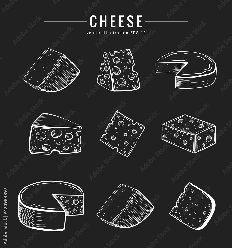 Hand drawn cheese collection. Different types of cheese. Chalk style