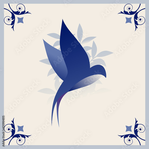 Illustrated ceramic hydraulic tile typical of Spain, Italy and Portugal. Stylized vintage retro flower and leaves. Stylized image of bird