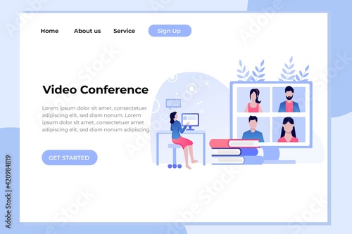 Video conference landing. People on computer screen taking with colleague. Videoconferencing and online meeting workspace vector page