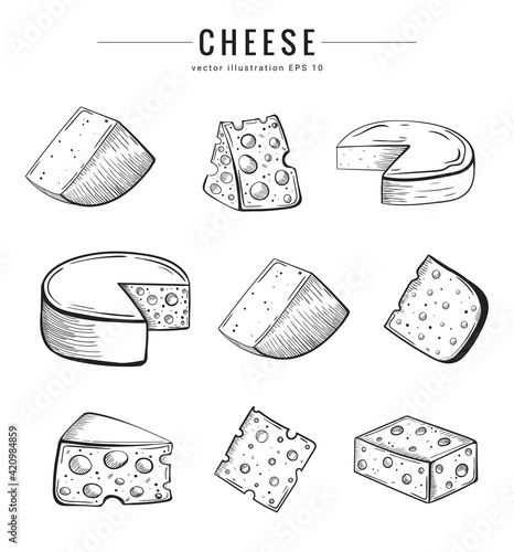 Hand drawn cheese collection. Different types of cheese. Sketch style vector illustration. Cheddar, parmesan, brie, dairy snack. Outline illustration, isolated on white background. 
