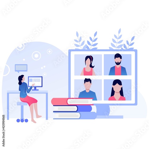Video conference Illustration. People on computer screen taking with colleague. Videoconferencing and online meeting workspace vector page