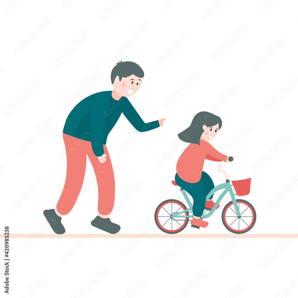 A caring, smiling dad teaches his daughter to ride a bike for the first time. Father man helps girl child riding bike. Parenting, parenting concept. Vector illustration in flat cartoon style. A caring, smiling dad teaches his daughter to ride a bike for the first time. Father man helps girl child riding bike. Parenting, parenting concept. Vector illustration in flat cartoon style.