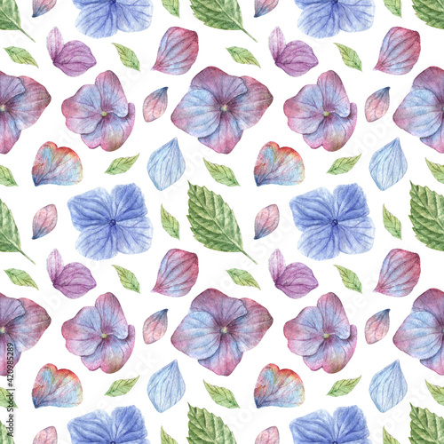 Watercolor seamless pattern with illustration of blue and purple hydrangea flowers and petals and green leaves. Texture for fabric  wrapping paper