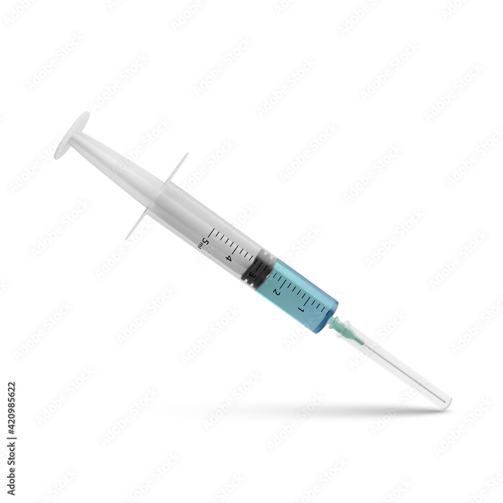 Syringe with drug. Realistic syringe with vaccine injection. Laboratory research. Vector Syringe with drug. Realistic syringe with vaccine injection. Laboratory research. Vector