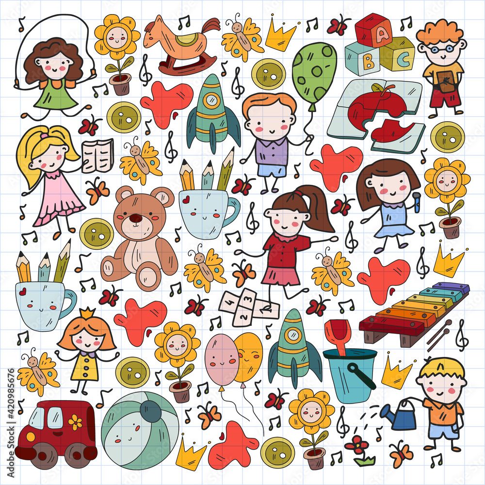 Vector pattern. Kindergarten and toys. Little children game. Kids playground. Education, creativity, imagination. Vector pattern. Kindergarten and toys. Little children game. Kids playground. Education, creativity, imagination.
