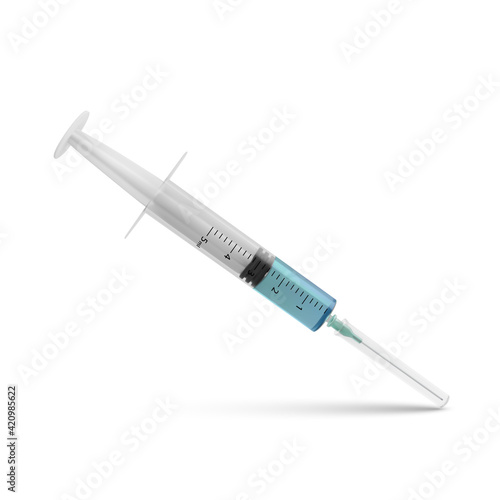 Syringe with drug. Realistic syringe with vaccine injection. Laboratory research. Vector