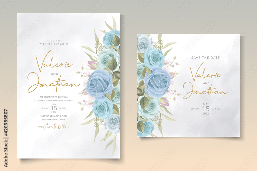 Modern wedding card with blue floral decoration