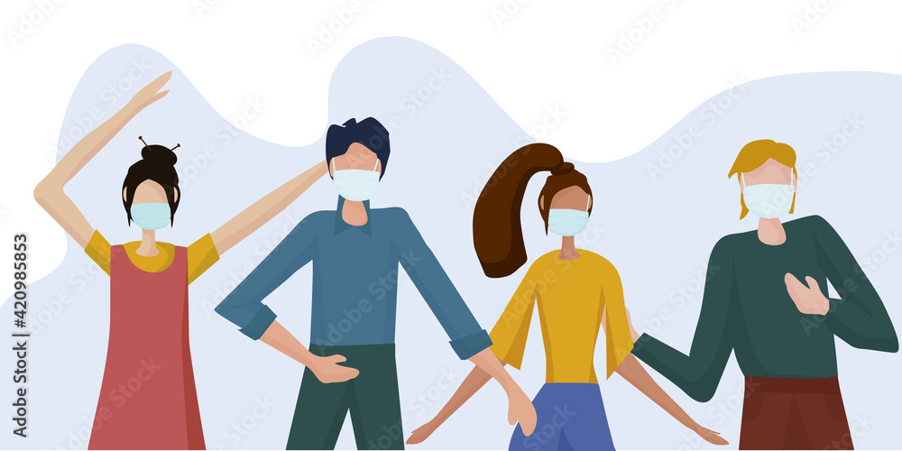 people in medical masks. Despite the danger of getting infected with the virus, people live ordinary lives, they have fun, dance and celebrate. But they always think about their protection. vector