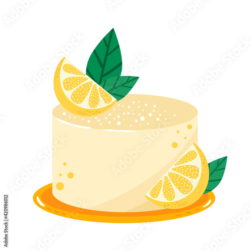 Sweet delicious mini cake. Cartoon style hand drawn vector illustration. Lemon cheesecake with glaze, cream and peppermint.  For birthday cards, restaurants and bakery menu. 
